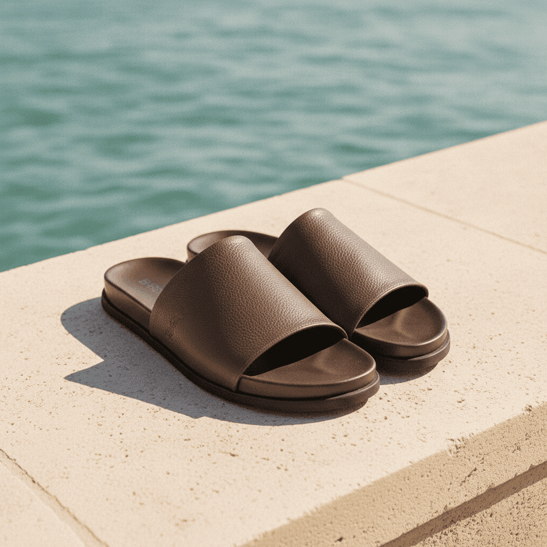 Chinelo Slide Couro Birdman Café — detalhe 1, sandália masculina em couro Stock Sandals