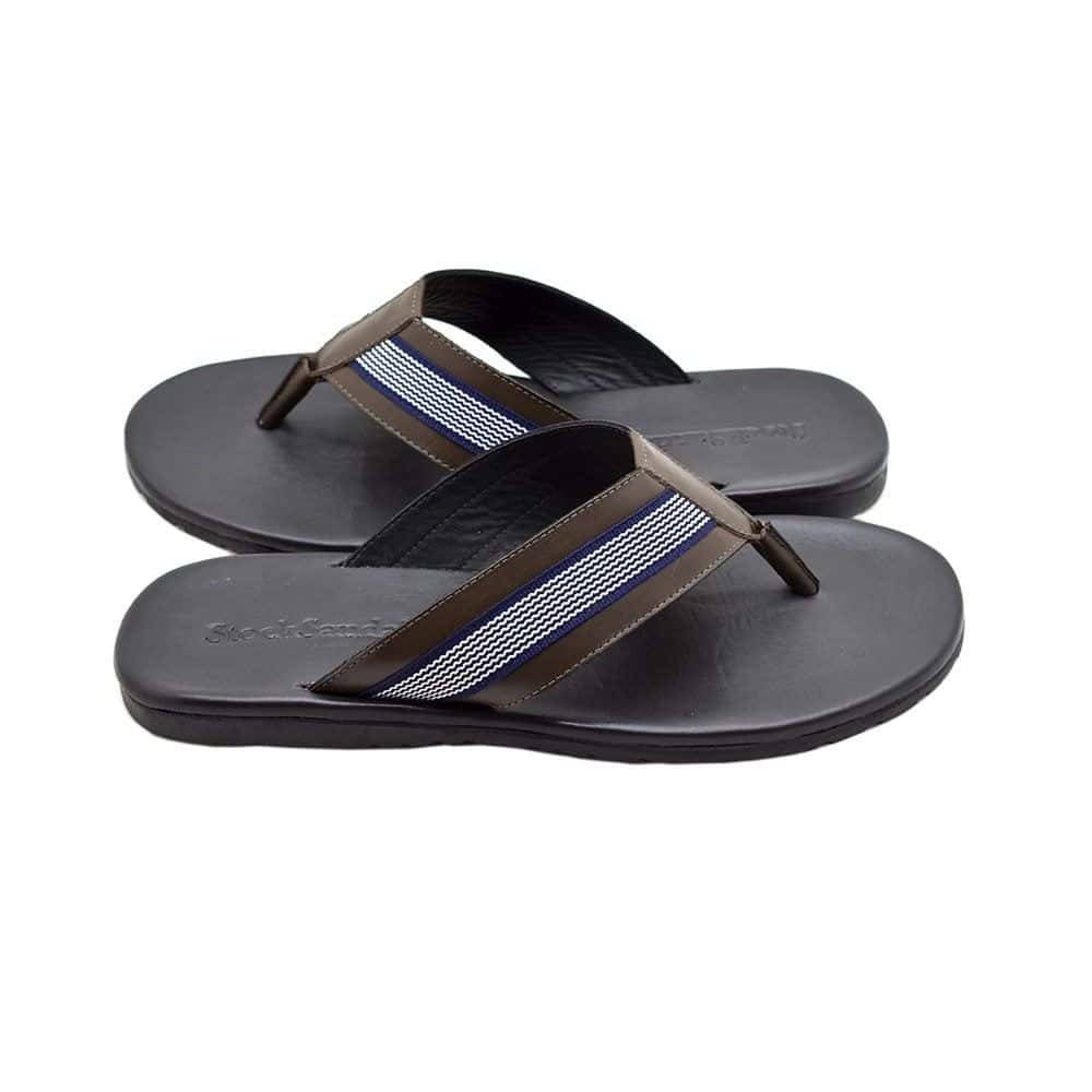 Chinelo Masculino Couro Hype Café / Azul — detalhe 3, sandália masculina em couro Stock Sandals