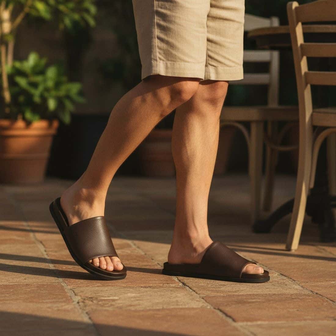 Chinelo Slide Couro Birdman Café — detalhe 6, sandália masculina em couro Stock Sandals