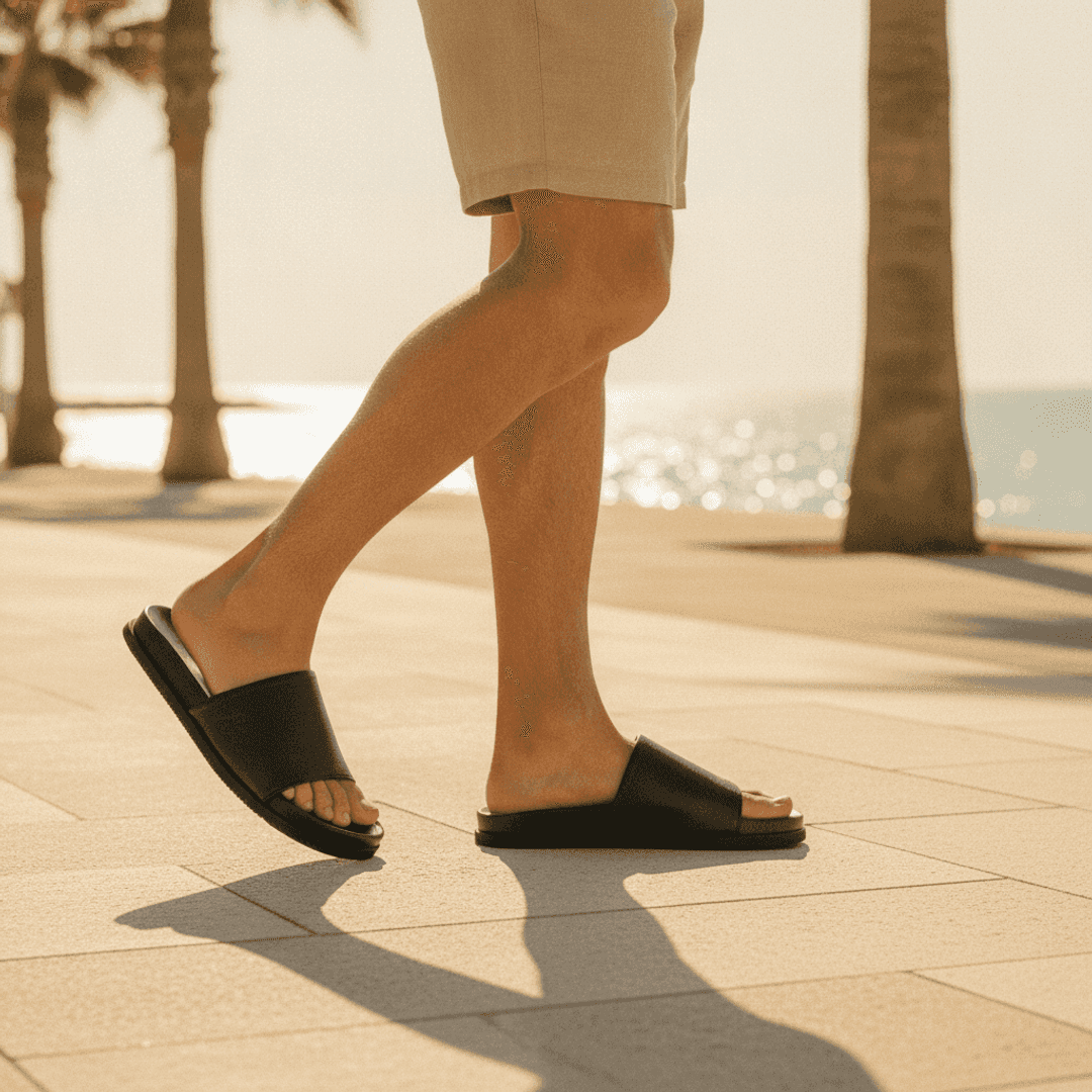 Chinelo Slide Couro Birdman Preto — detalhe 1, sandália masculina em couro Stock Sandals